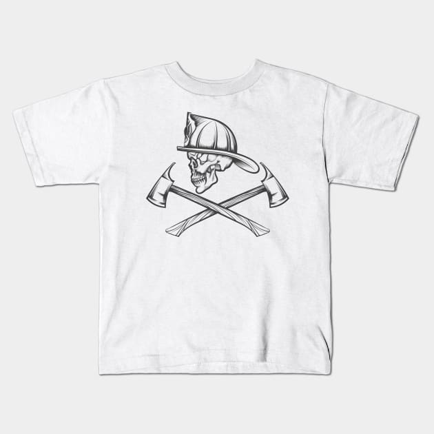 Skull in Fire Helmet and Axes Kids T-Shirt by devaleta